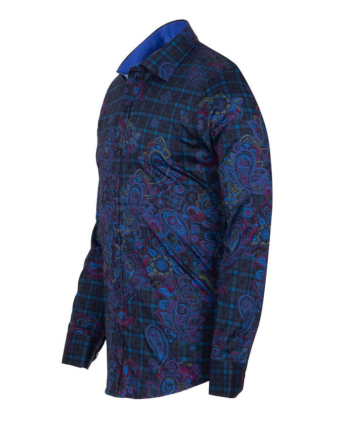 Check Paisley Print Men's Shirt with Matching Handkerchief-Makrom
