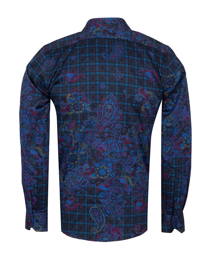 Check Paisley Print Men's Shirt with Matching Handkerchief-Makrom