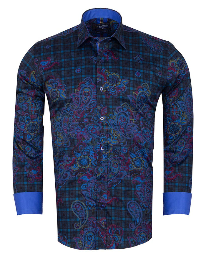 Check Paisley Print Men's Shirt with Matching Handkerchief-Makrom