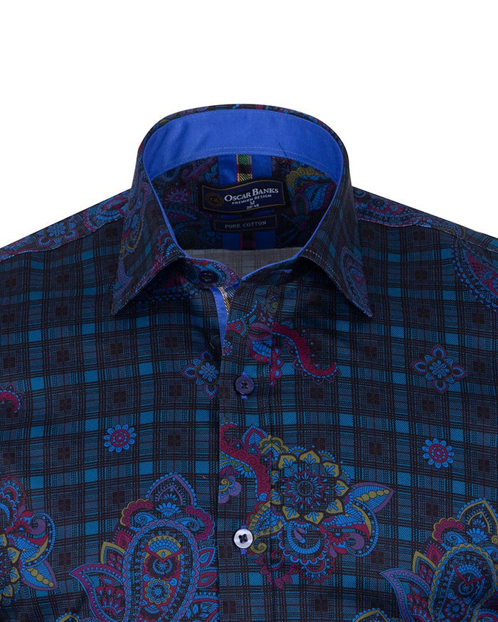 Check Paisley Print Men's Shirt with Matching Handkerchief-Makrom