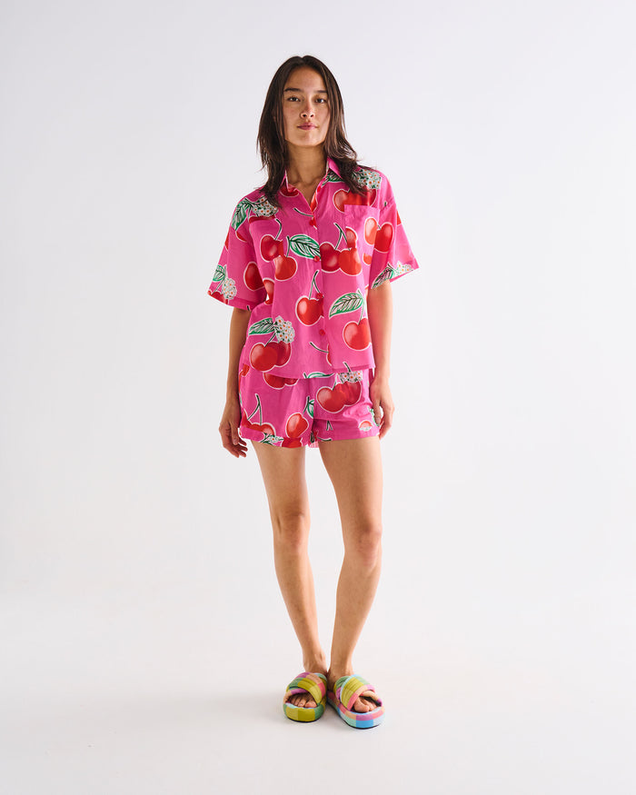 Cherry Blossom Adult Organic Cotton Short Sleeve Shirt & Short Pyjama Set