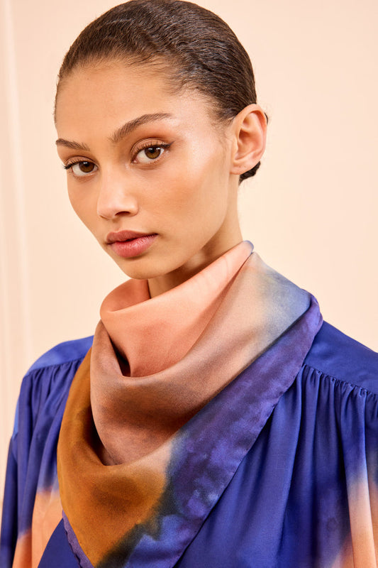 Chiara Silk Twill Scarf in Moontide - On Model Front View, Sunset Hues | Ulla Johnson