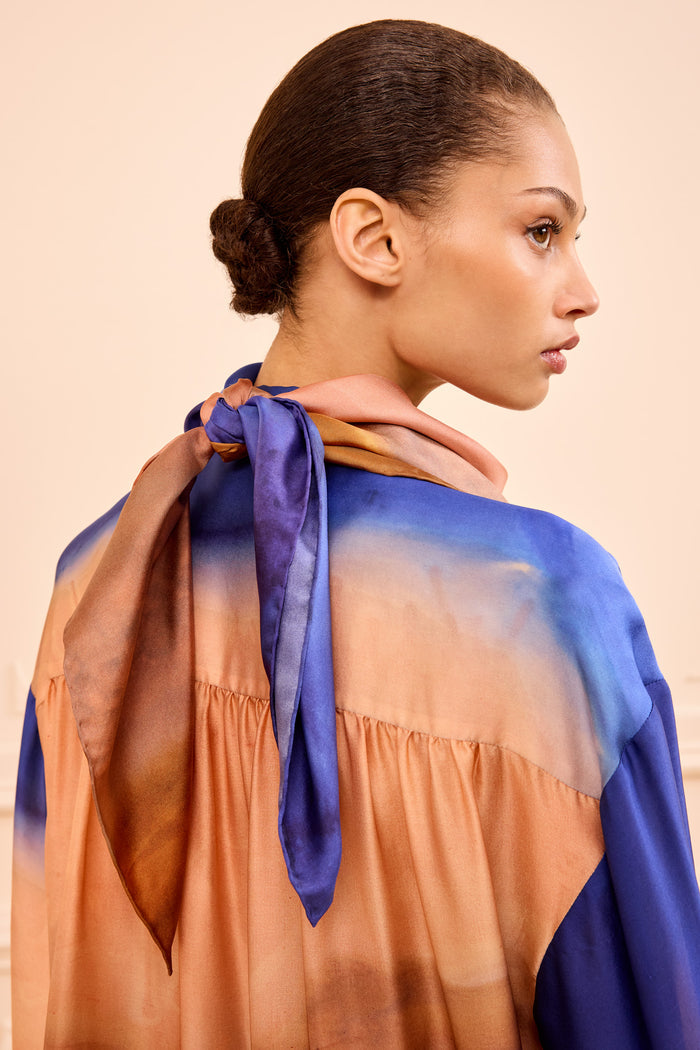 Chiara Silk Scarf Moontide - On Model Back View, Tied at Shoulder | Ulla Johnson