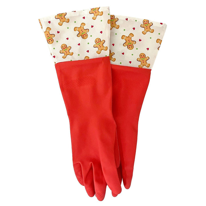Red christmas cleaning gloves with gingerbread man pattern on cuffs on a white background