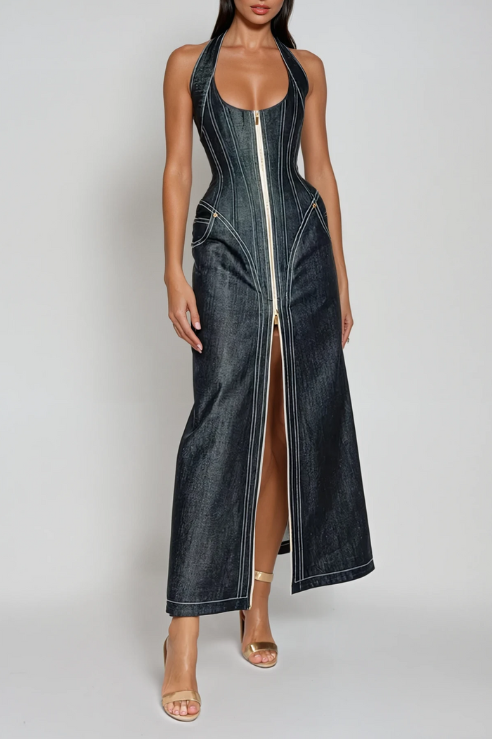 cirillo-halter-neck-corset-denim-maxi-dress