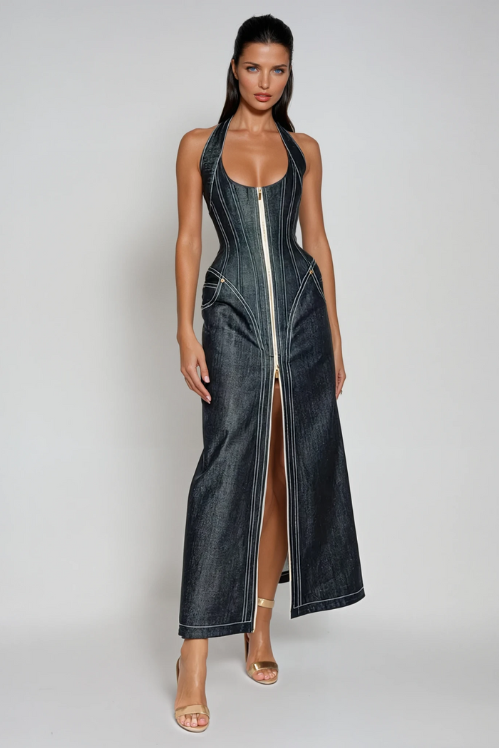 cirillo-halter-neck-corset-denim-maxi-dress