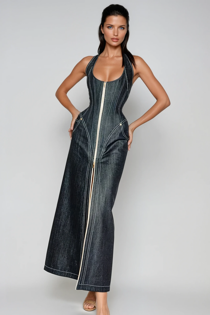 cirillo-halter-neck-corset-denim-maxi-dress
