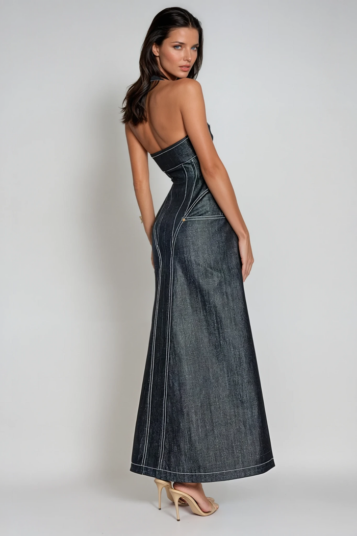 cirillo-halter-neck-corset-denim-maxi-dress