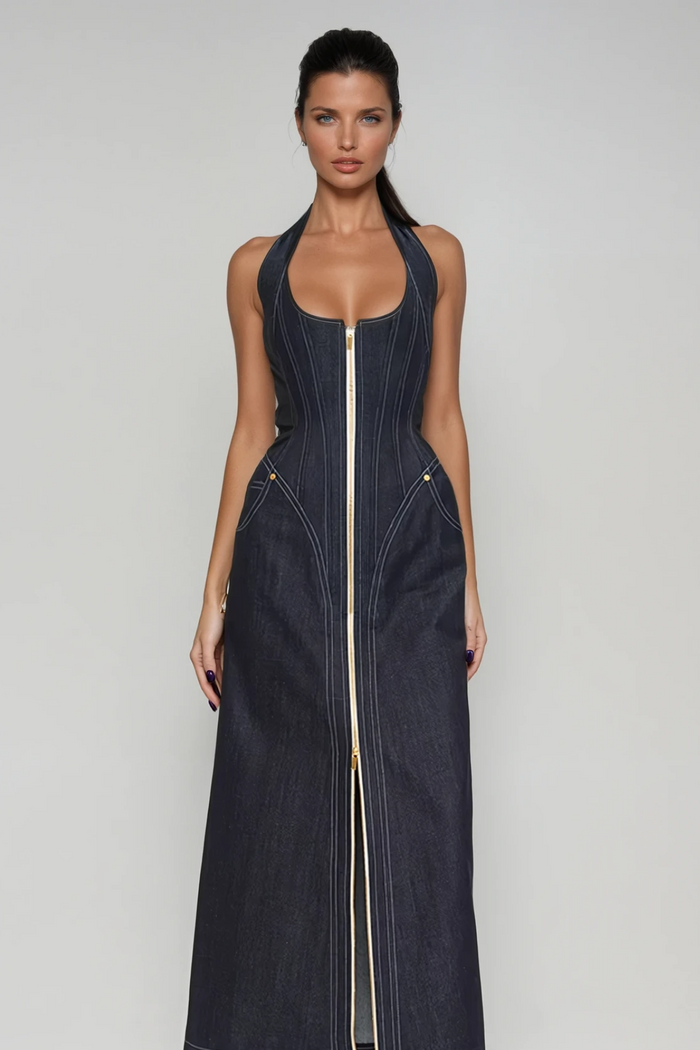 cirillo-halter-neck-corset-denim-maxi-dress
