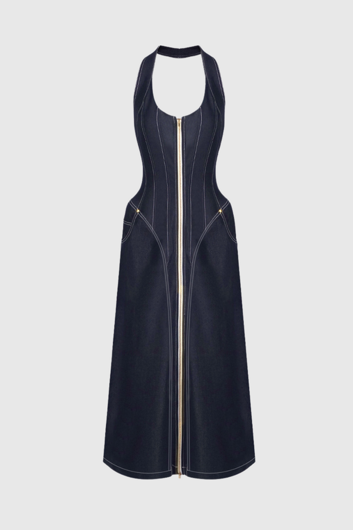 cirillo-halter-neck-corset-denim-maxi-dress