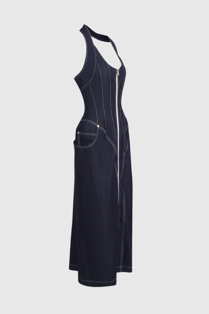 cirillo-halter-neck-corset-denim-maxi-dress