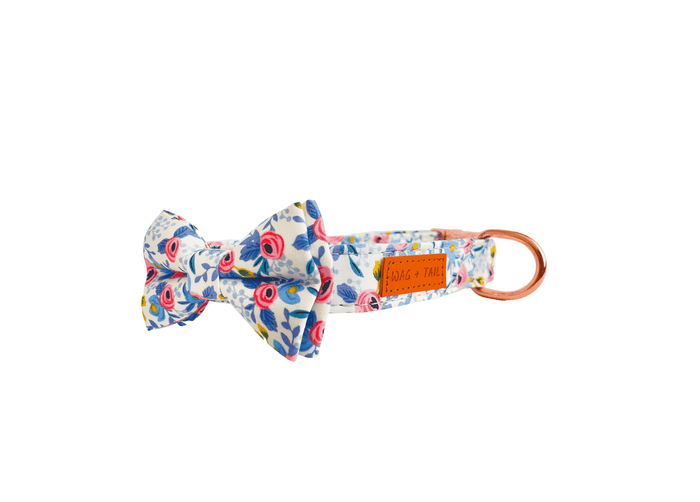 Classic Bow Tie Dog Collar in Fleur Dahlia print showing floral bow tie and collar construction