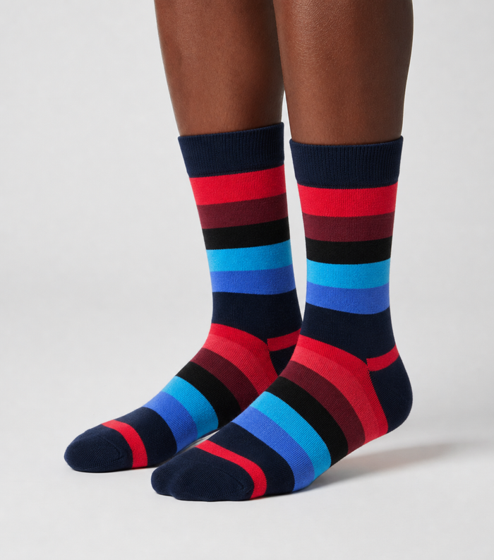 A pair of crew socks with bold horizontal stripes in navy, red, black, burgundy, blue, and light blue, shown on a model's feet against a light gray studio background.