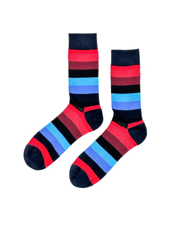 Classic Contrast socks styled showing how the red, navy, and black stripes read on foot