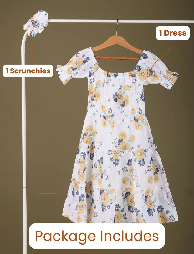 Classic Smocked Floral Dress for Girls Kids (White)