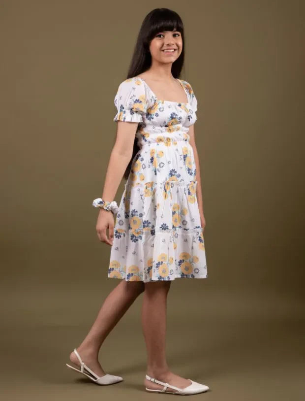 Classic Smocked Floral Dress for Girls Kids (White)-Tweeny Mini