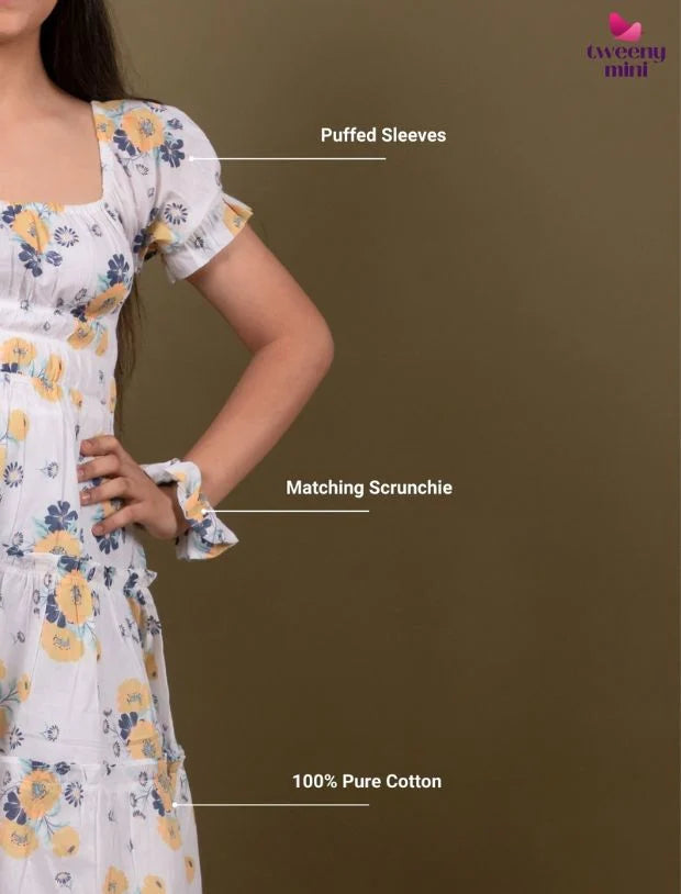 Classic Smocked Floral Dress for Girls Kids (White)-Tweeny Mini
