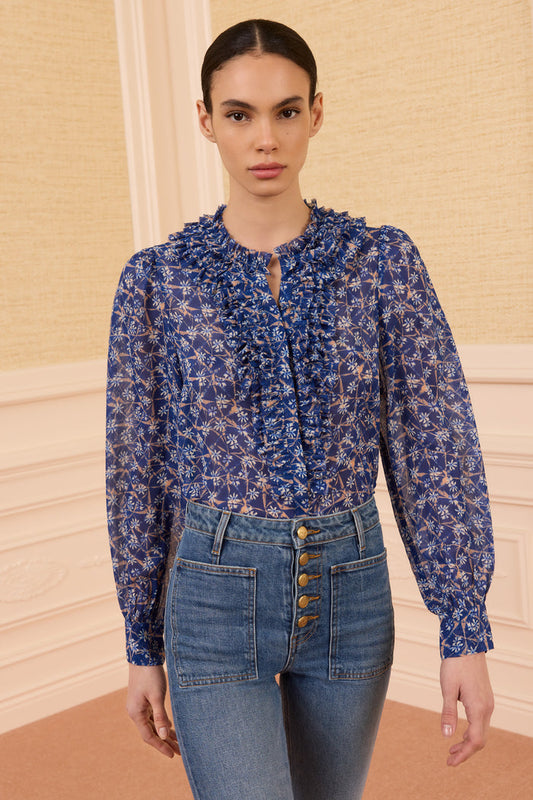 Dusk Blue Silk Georgette Floral Shibori Blouse - Front View On Model | Ulla Johnson