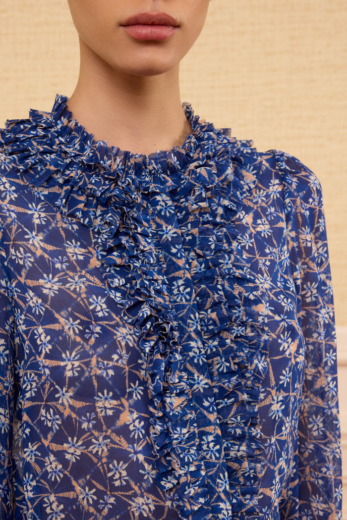 Dusk Blue Silk Blouse Ruffle Neckline Close-Up Detail - Designer Shibori Print | Ulla Johnson