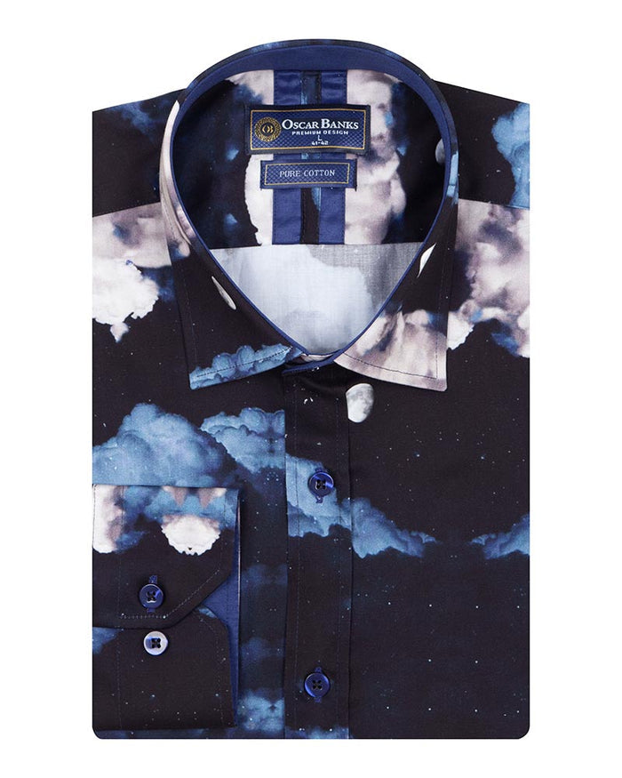 Cloud Print Men's Shirt with Matching Handkerchief-Makrom