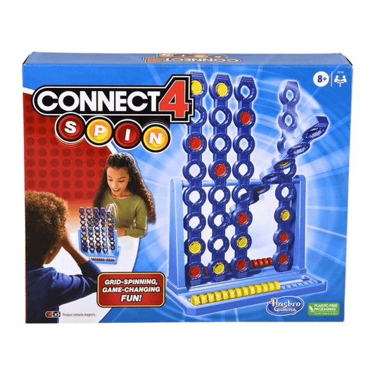 connect 4 spin in blue coloured cardboard packaging with hasbro gaming logo on the front