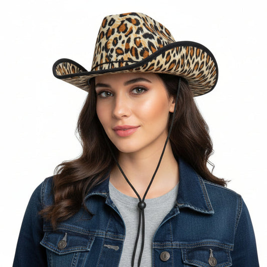 Young woman wearing a cowboy hat with leopard print pattern and black neck cord