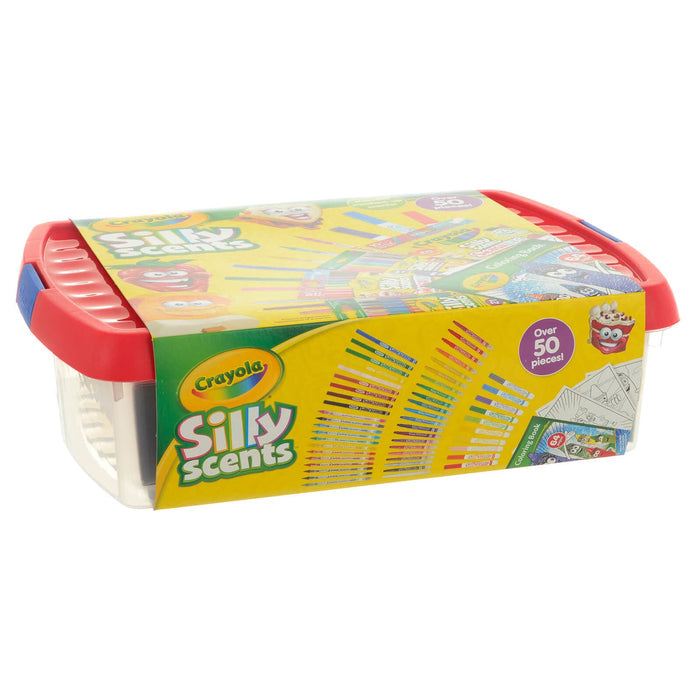 Side view of a Crayola Silly Scents box of art materials