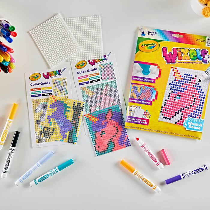 Contents of the box of Crayola Wixels colour absorbing pixel art kit