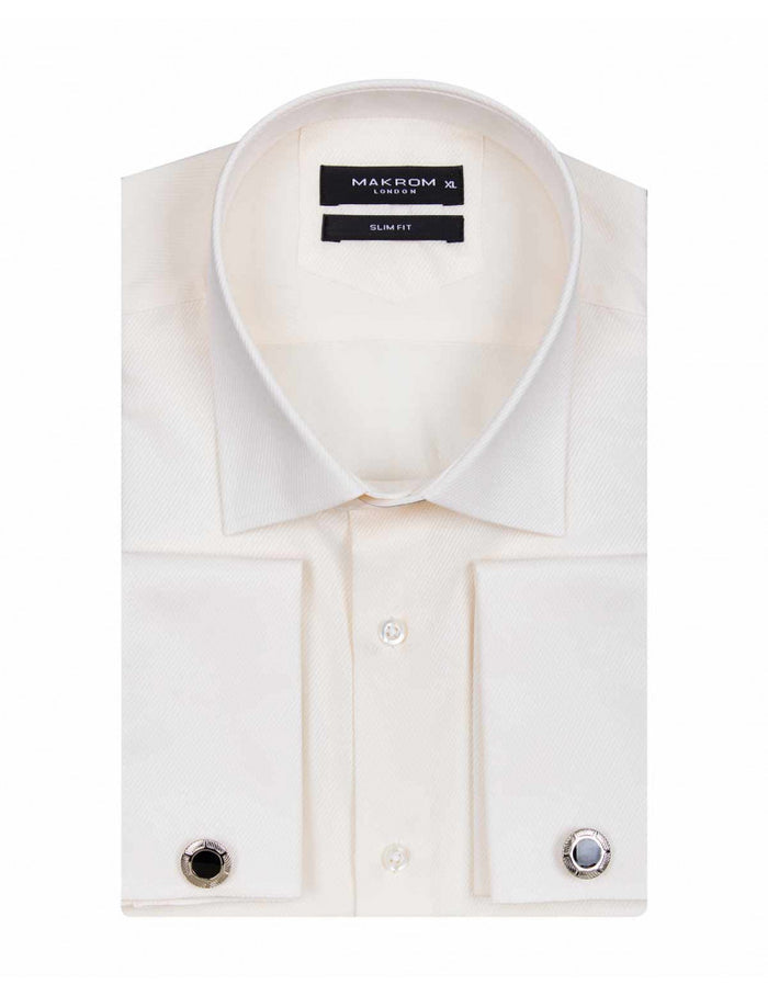 Cream Casual Twill Double Cuff Long Sleeve Shirt-Makrom