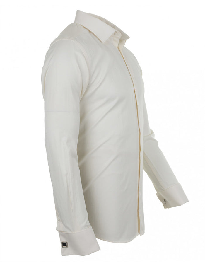 Cream Casual Twill Double Cuff Long Sleeve Shirt-Makrom