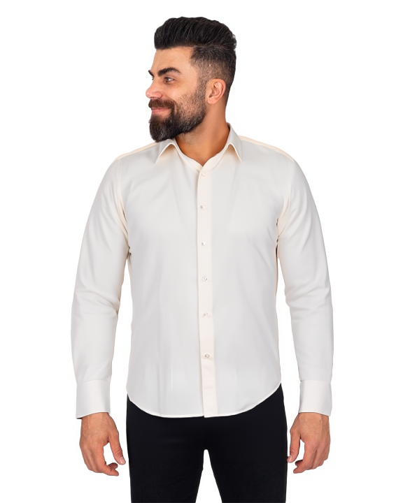Cream Casual Twill Double Cuff Long Sleeve Shirt-Makrom