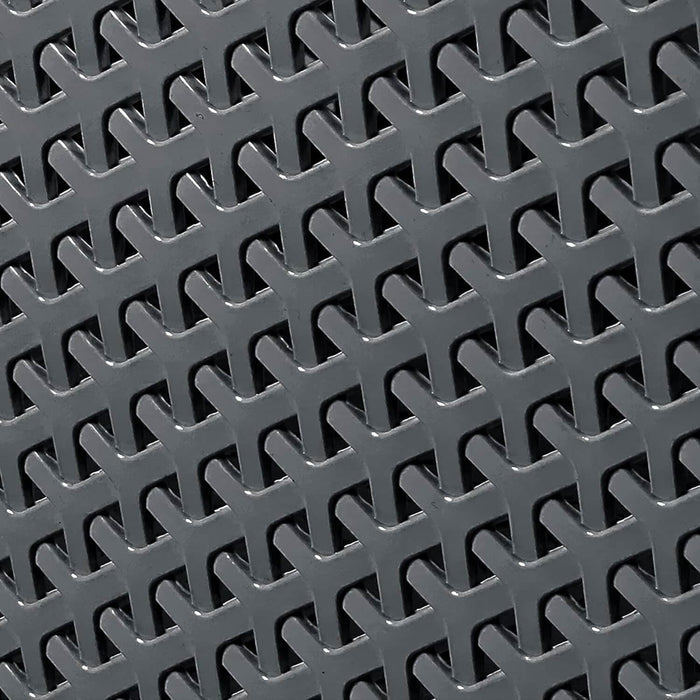 Close up detail of a dark grey plastic weave laundry basket
