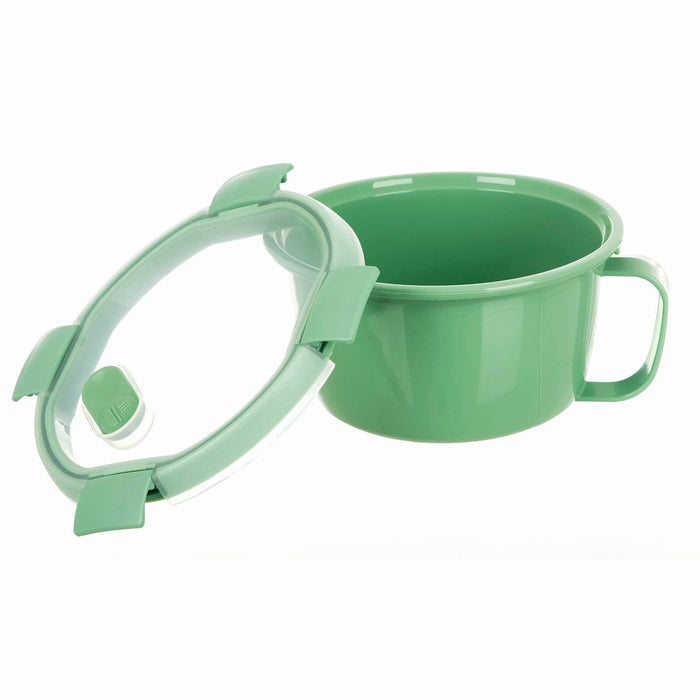 Green soup bowl with vented lid for heating noodles in the microwave