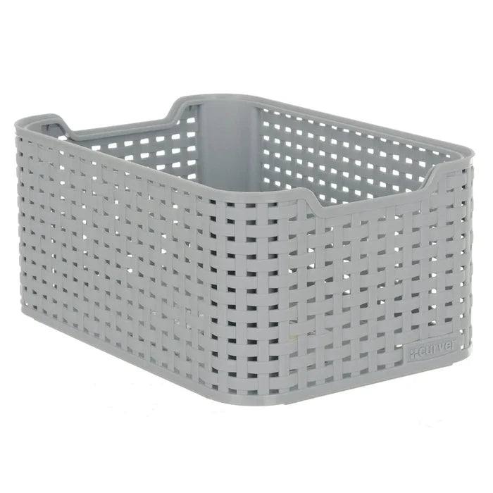 Grey Curver storage box with woven rattan basket style
