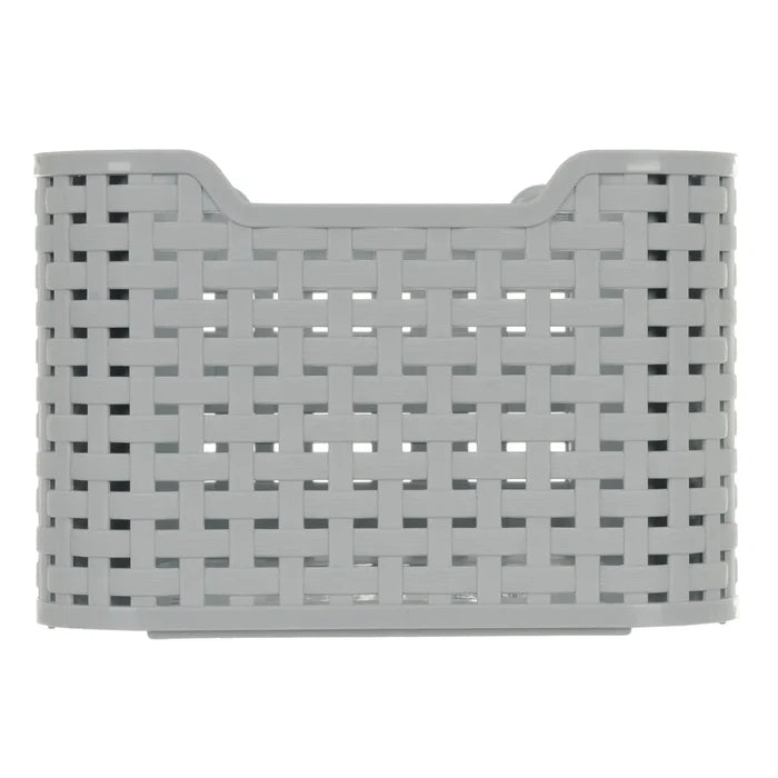 Side view of a grey plastic woven design storage box
