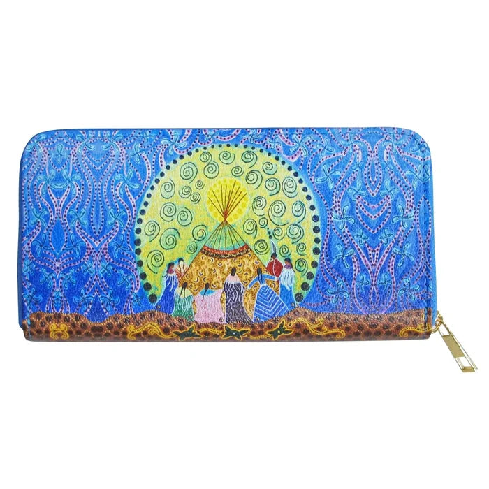 Dancing Women Zip-Around Wallet featuring vibrant art by Métis Artist Leah Dorion, celebrating women and community.