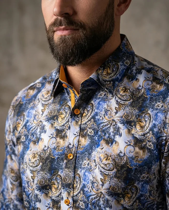 Dark Blue Paisley Print Pure Cotton Shirt