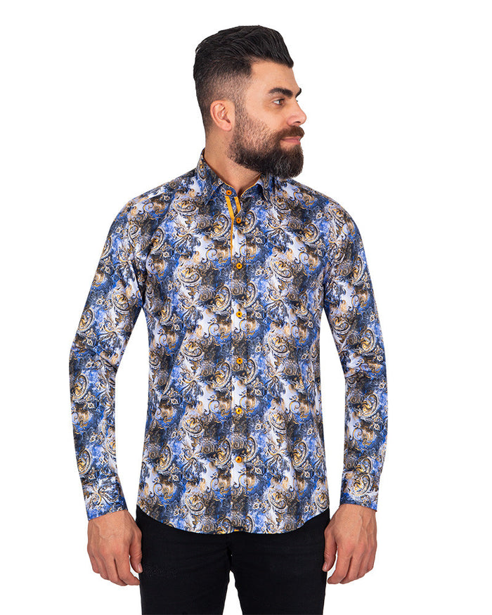 Dark Blue Paisley Print Pure Cotton Shirt-Makrom