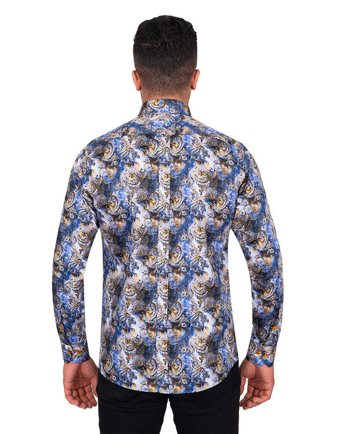 Dark Blue Paisley Print Pure Cotton Shirt-Makrom