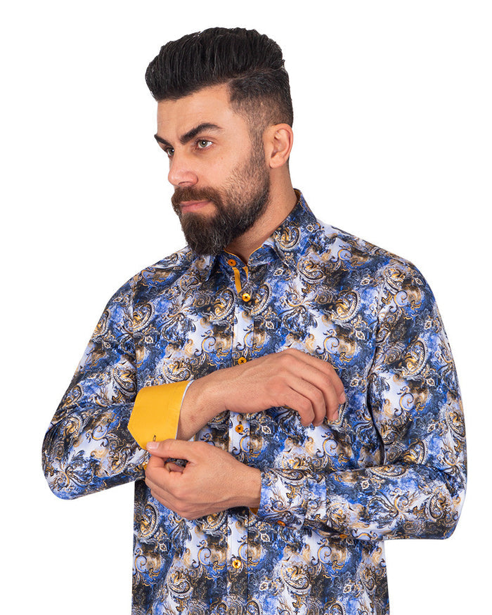 Dark Blue Paisley Print Pure Cotton Shirt-Makrom