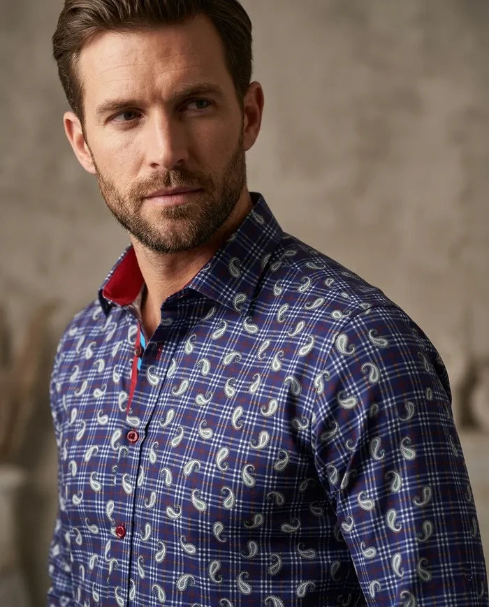Dark Blue Plaid Tartan Paisley Print Shirt