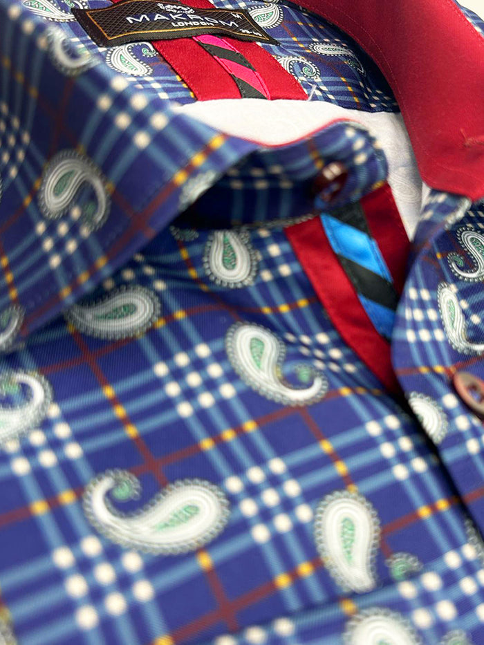 Dark Blue Plaid Tartan Paisley Print Shirt-Makrom