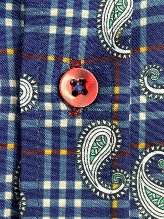 Dark Blue Plaid Tartan Paisley Print Shirt-Makrom