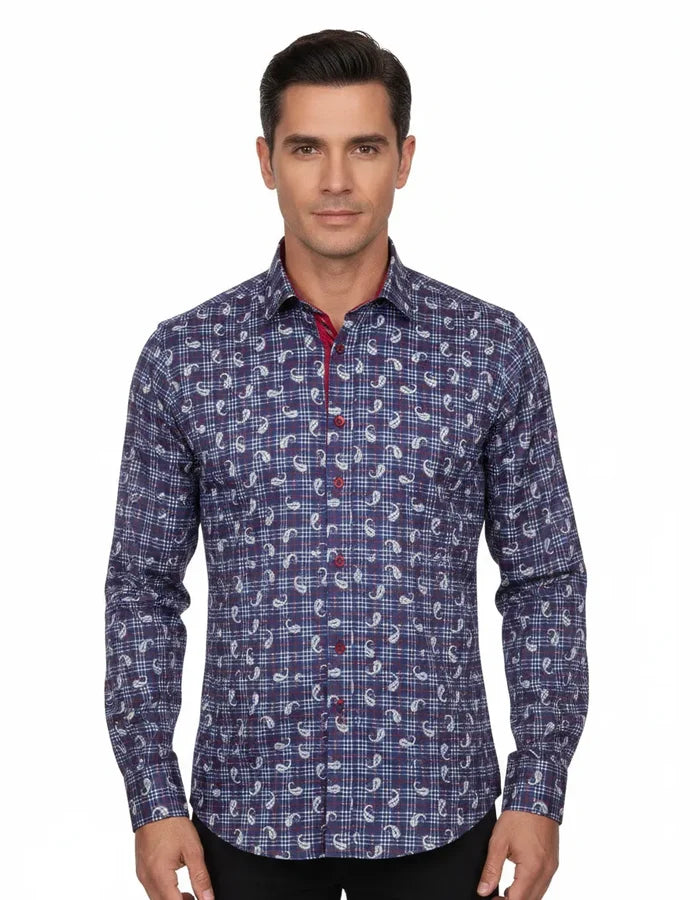 Dark Blue Plaid Tartan Paisley Print Shirt-Makrom