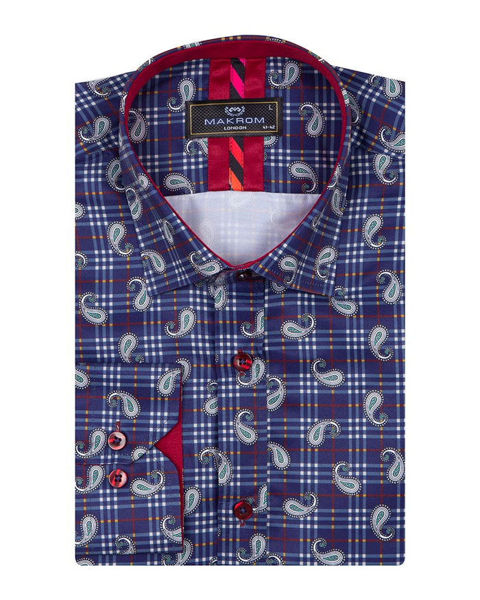 Dark Blue Plaid Tartan Paisley Print Shirt-Makrom