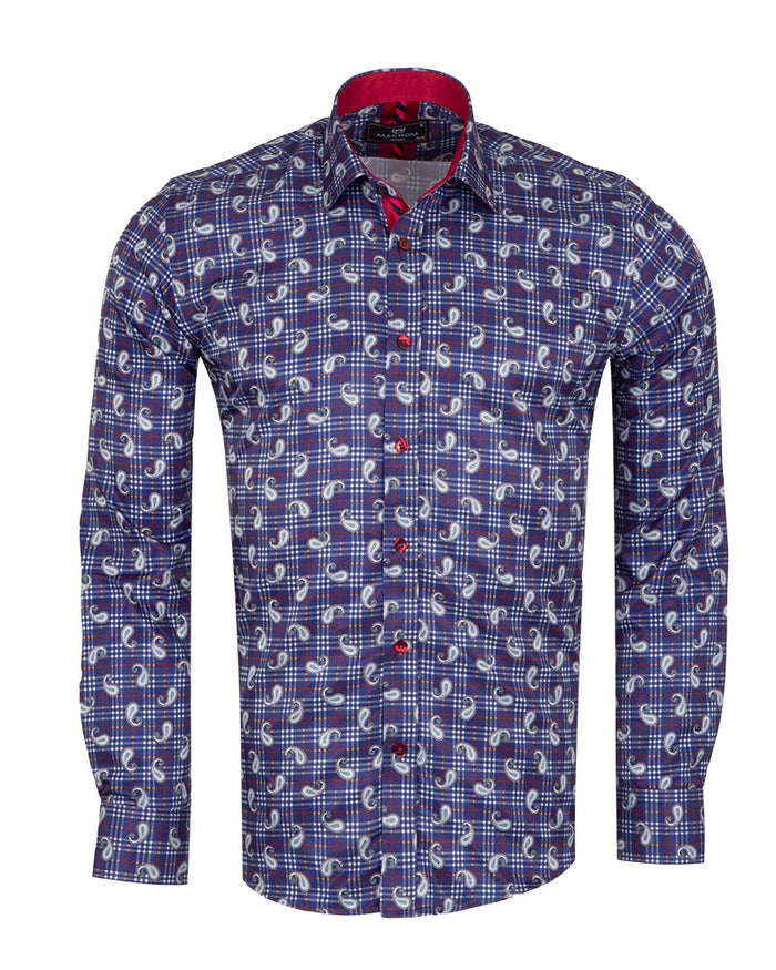 Dark Blue Plaid Tartan Paisley Print Shirt-Makrom