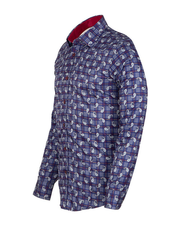 Dark Blue Plaid Tartan Paisley Print Shirt-Makrom