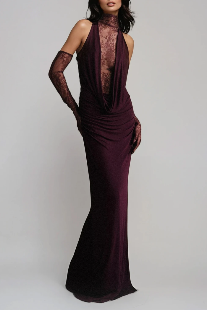 Darleen Cowl Neck Ruch Lace Maxi Dress In Purple