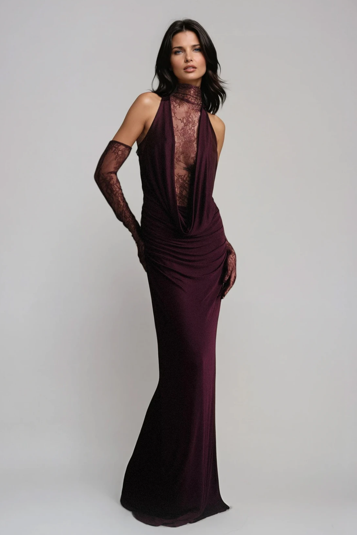 Darleen Cowl Neck Ruch Lace Maxi Dress In Purple