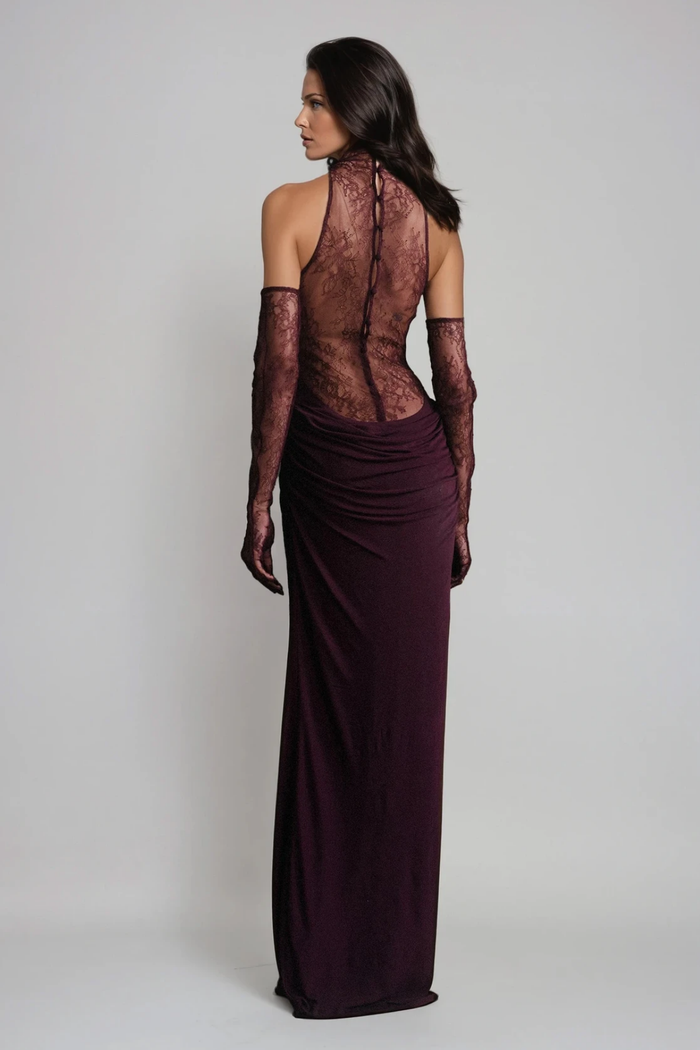 Darleen Cowl Neck Ruch Lace Maxi Dress In Purple